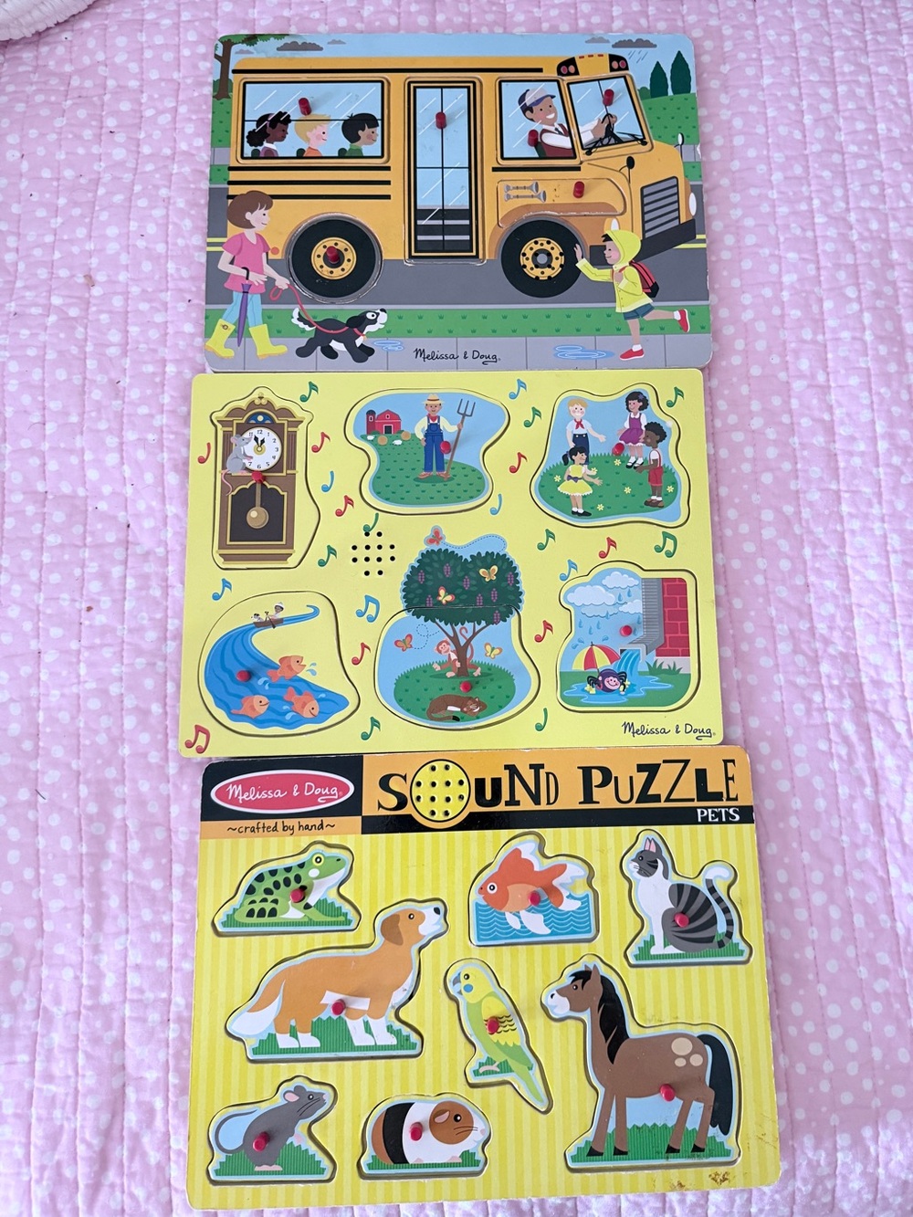 Melissa & Doug Yellow & Green Sound Puzzle Trio - School Bus, Scenes, Pets